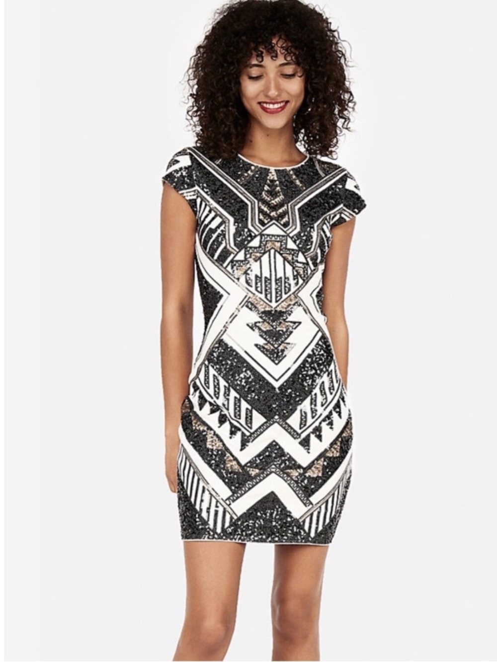 NEW Express Aztec Tribal Black White Gold Sequin Geometric Mini Dress Size XS